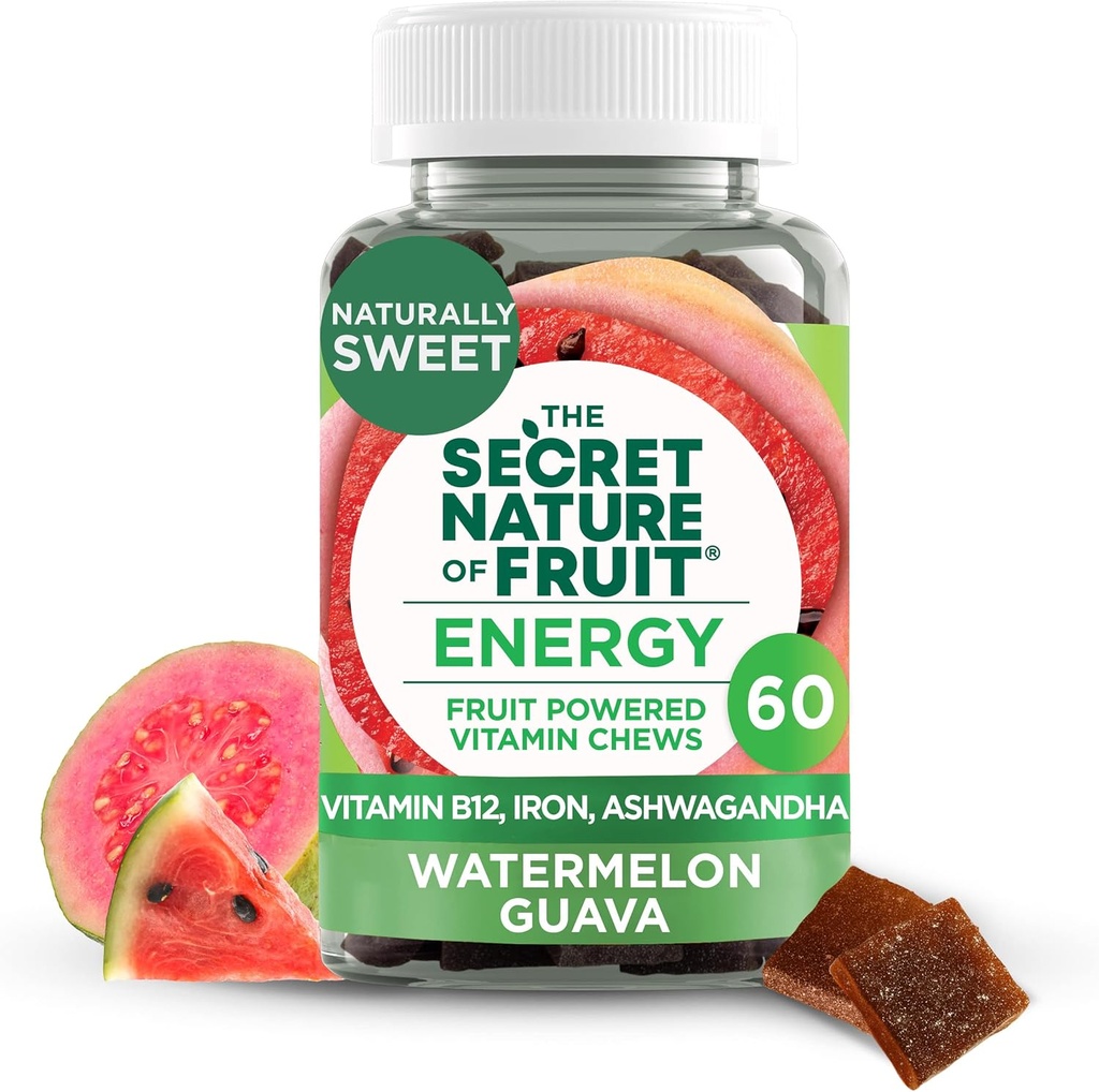 The Secret Nature of Fruit Energy Kauwen, Real Fruit Powered Vitamine Kauwen met Vitamine B12, IJzer, Ashwagandha, Watermeloen & Guava voor langdurige energie (60 Telling), Roze