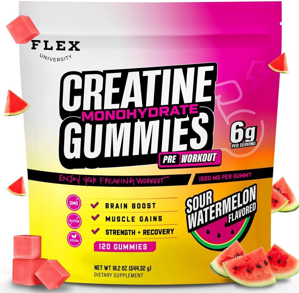 Createine PreWorkout Gummies voor mannen Vrouwen 6g, Createine Monohydraat Pre Post Workout Herstel Muscle Building Supplement Proteïne kauwtabletten, Vegan Watermeloen Cretina Gym Booty Growth Gains (120 Ct)