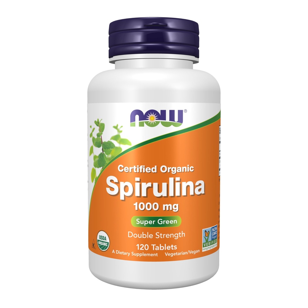 NOW Foods Supplements, Certified Organic, Spirulina 1000 mg (Double Strength), Rich in Beta-Caroteen (Vitamine A) en B-12 met van nature voorkomende GLA , 120 tabletten