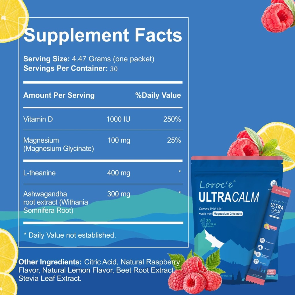 UltraCalm Super Cortisol boisson, Calme Magnésium Glycinat poudre (30 portions), L-théanine, Ashwagandha, Vitamine D, Pas de sucre, Lémonade de framboise électrolytes poudre-1