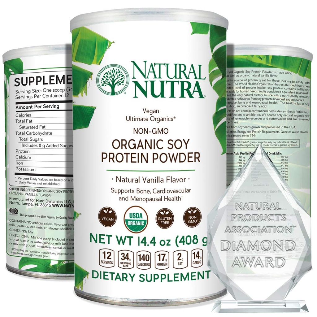 Natural Nutra Organic Vegan Plant Based Soy Protein Source Powder, Ondersteuning Midlife Transition, Ondersteunt bot en verbetert cardiovasculaire gezondheid, glutenvrij, niet GGO, suikervrije 14,4 OZ.