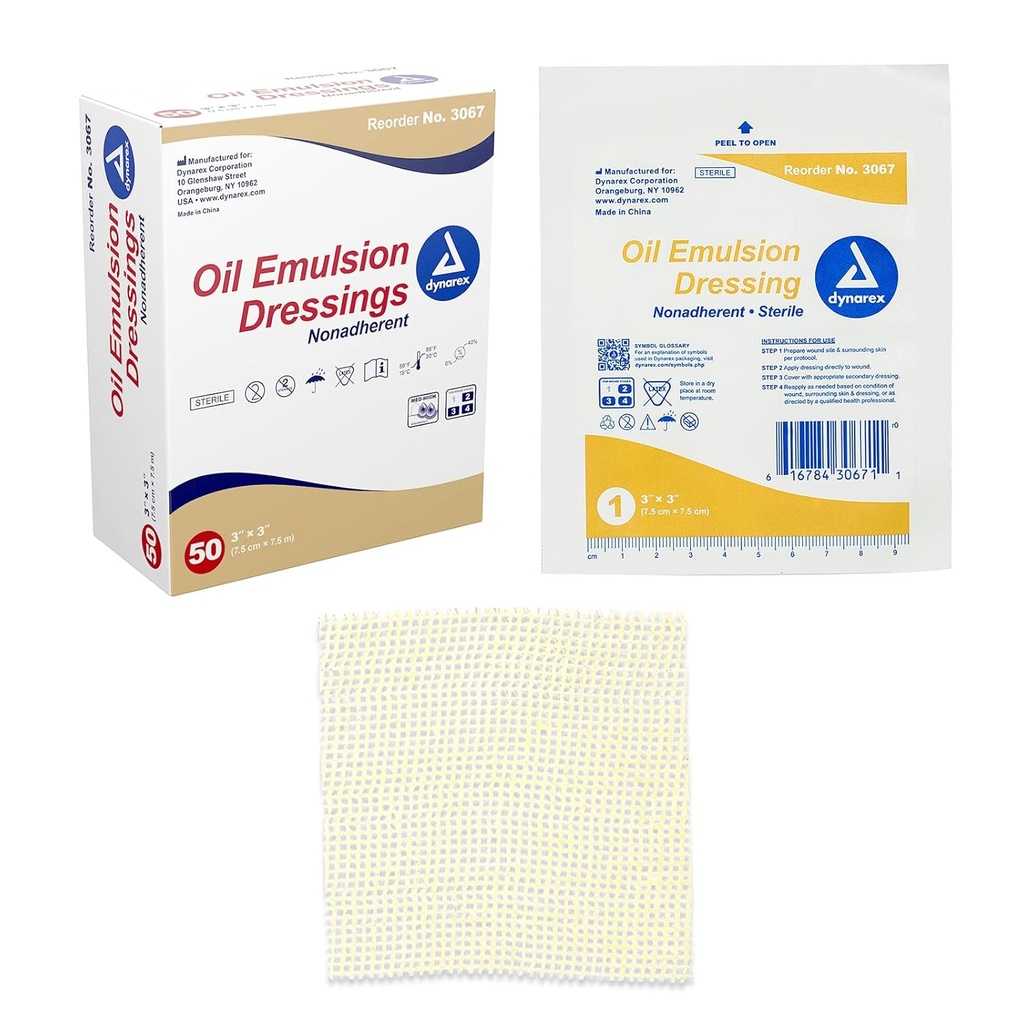 Robes d'émulsion d'huile Dynarex, soin de la plaie, absorbant, 3-. x 3-.