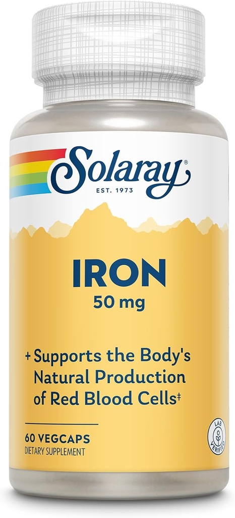 SOLARAY Iron Capsules 50mg - Iron Supplement for Women and Men w/Parsley and Yellow Dock Root, Supports Body's Natural Production of Red Blood Cells, 60 dagen garantie, 60 porties
