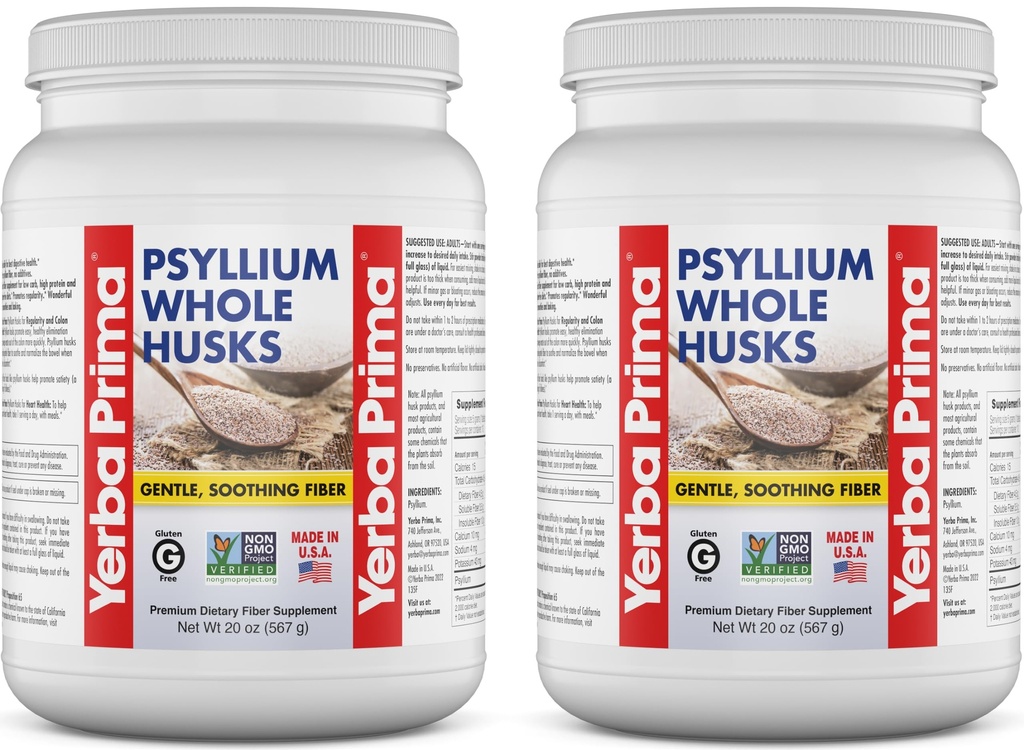 Yerba Prima Whole Psyllium Husk Fiber Supplement 20 oz (pakket van 2) - Veganistisch, Glutenvrij, Non-GMO