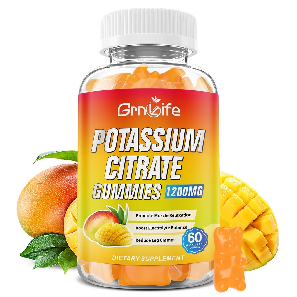 Kalium citraat Gummies, Hoge Kalium Supplement Gummies 1200mg voor volwassenen en kinderen, Ondersteuning Leg Cramps & Muscle Health, Vegan, Mango smaak 60 Tellen