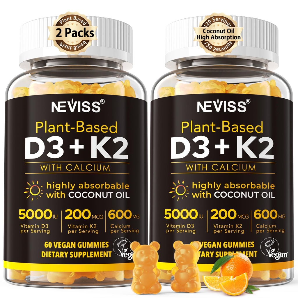 Vitamine D3 5000iu & K2( as MK7 ) 200mcg Gummies + 600mg Calcium, met kokosolie voor hoge absorptie, maximale sterkte vitamine D3 K2 Supplement - Ondersteuning voor botten spiertanden Immune, Vegan 2Packs