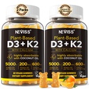 Vitamine D3 5000iu & K2( as MK7 ) 200mcg Gummies + 600mg Calcium, met kokosolie voor hoge absorptie, maximale sterkte vitamine D3 K2 Supplement - Ondersteuning voor botten spiertanden Immune, Vegan 2Packs