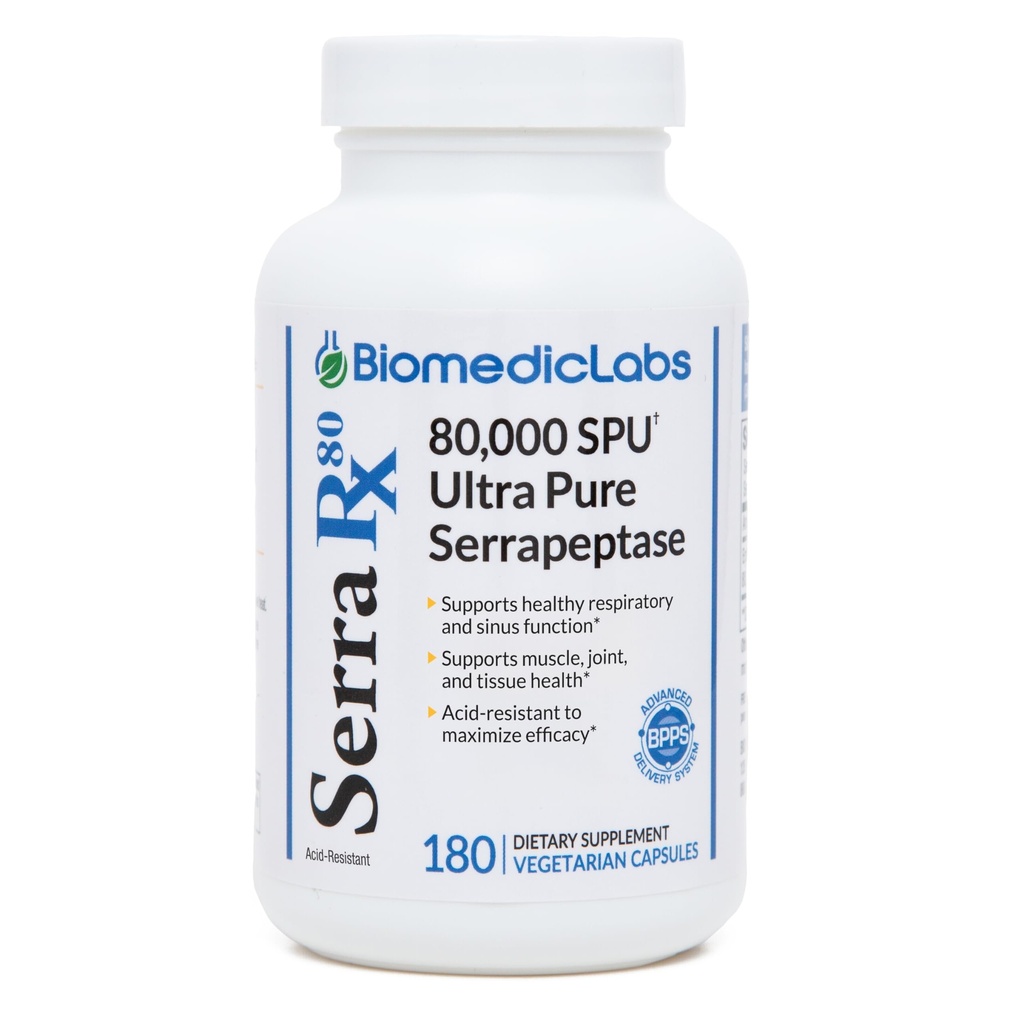 Serra-RX 80 000 SU Serrapeptase - Enzyme protéolytique systémique résistant à l'acide, non-OGM, sans gluten, végétalien, soutient la santé des sinus et des poumons, 180 capsules de veg