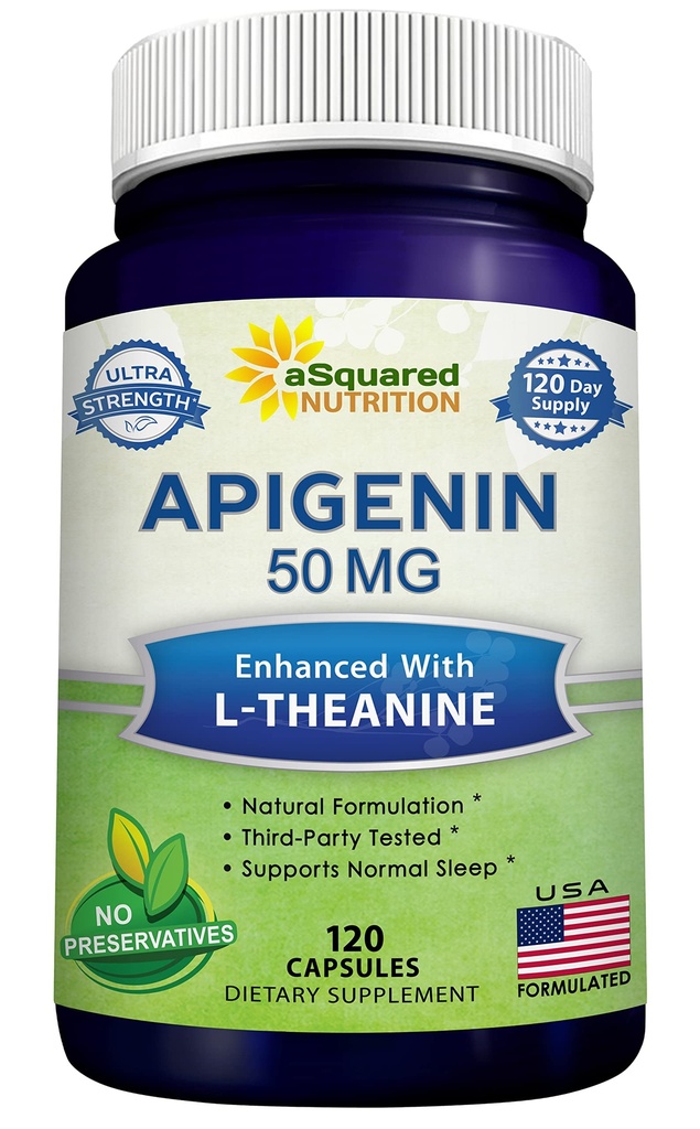 aSquared Nutrition Apigenin 50mg & L-Theanine 200mg - 120 Capsules - Apigenin Supplement Pillen voor slaap en ontspanning - Natural Bioflavonoid Extract Gevonden in kamillethee