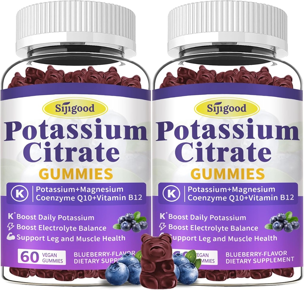 2 Pack Kalium citraat Gummies, Kaliumsupplement voor spier gezondheid, Been Cramp Relief & Electrolyte Balance, Vegan, Non-GMO, Glutenvrije, Blueberry Flavor, 120 Tellen
