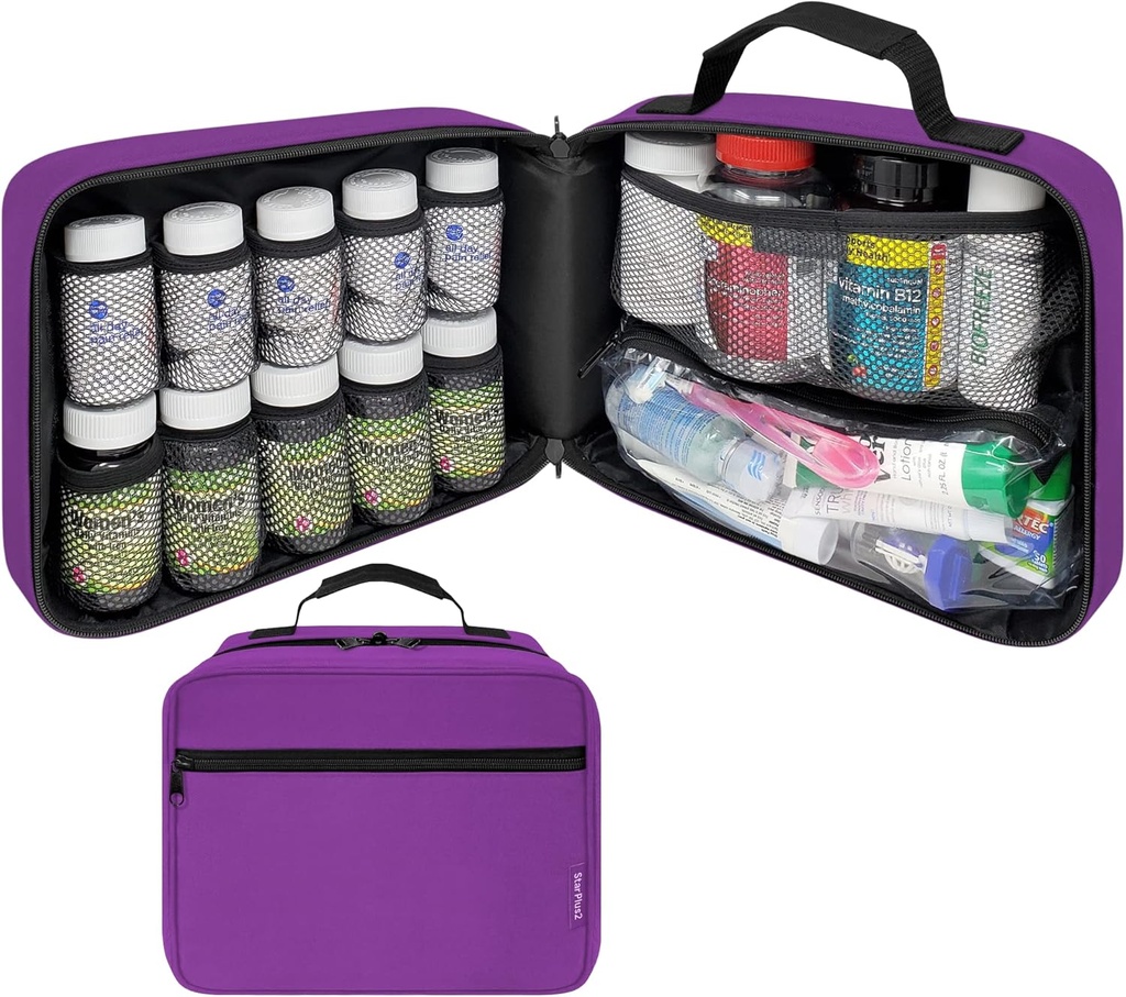 Grand organisateur de bouteilles de pilules rembourrées, sac de médecine, étui, transporteur pour les médicaments, les vitamines et les fournitures médicales - organisateur de médicaments de voyage et entreposage à domicile sac Med - violet (sans serrure)