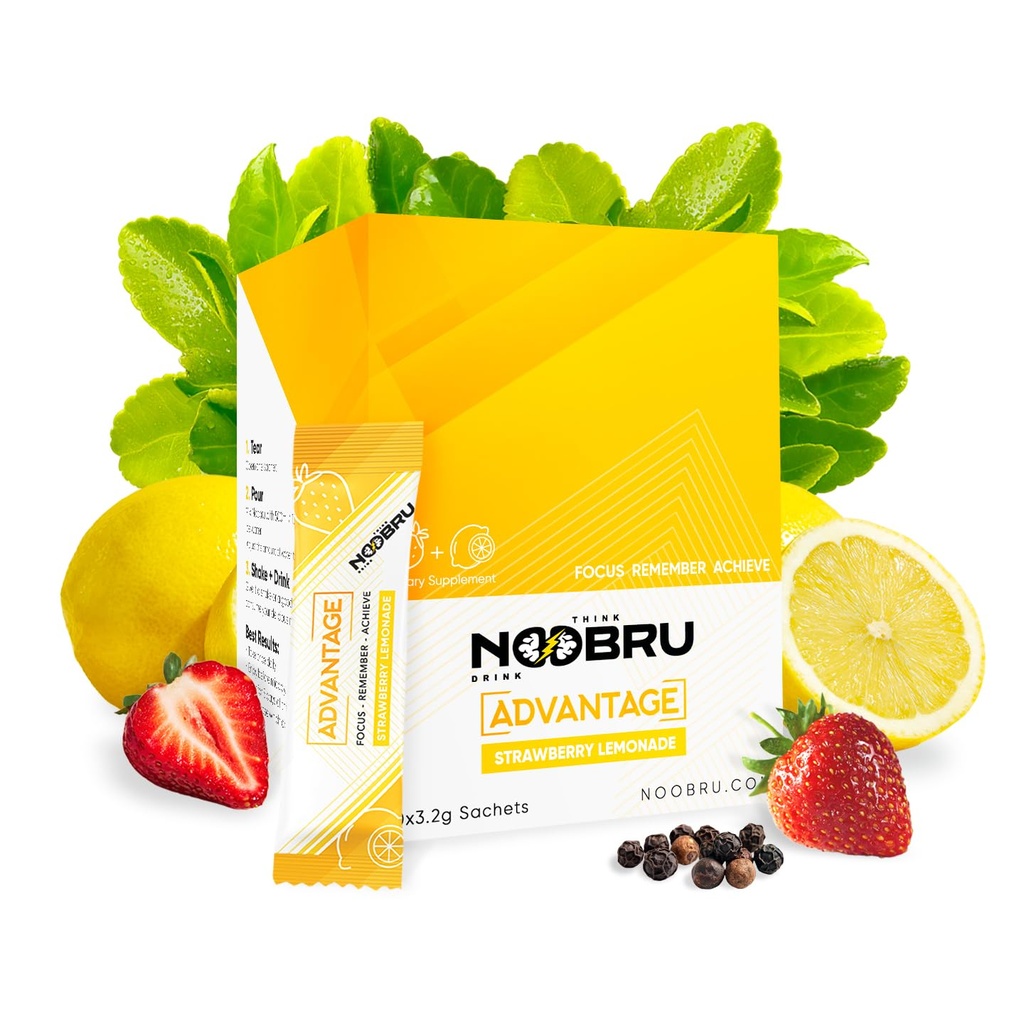 Noobru Аdvantage Nootropic - Delicious Nootropics Brain Supplement with 11 Active Ingredients - Natural Cognitive Enhancer - 20 Strawberry Lemonade Sachets - 1 maand Supply, 20 Tellen (Pack of 1)