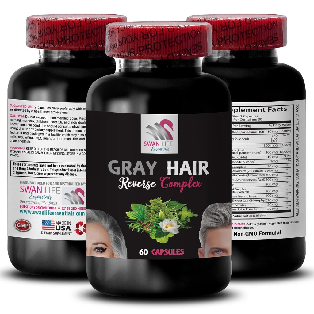 Complexe Stérol de Plant - GRAY HAIR REVERSE - cheveux luxuriants, reflet radieux, étincelles de cheveux, formule revitalisante, ton jeune, rajeunisseur de cheveux, brillance des cheveux, couleur naturelle des cheveux 1 bouteille 60 Capsules