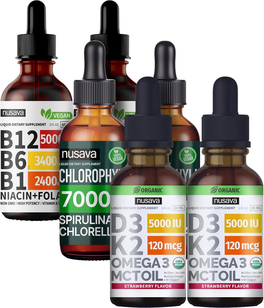 NUSAVA Strawberry Flavored D3 K2, Chlorofyl, & Vitamin B12 Liquid Drops Bundle - Krachtige vloeibare vitamines voor hart, energie, hersenen en Immune Ondersteuning - niet-GMO, Glutenvrije, 2pk Elk