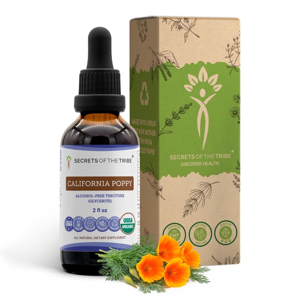 Secrets de la tribu Californie Teinture Poppy Extrait liquide sans alcool, USDA Bio Californie Poppy (Eschscholzia Californica) Racine séchée (2 FL OZ)