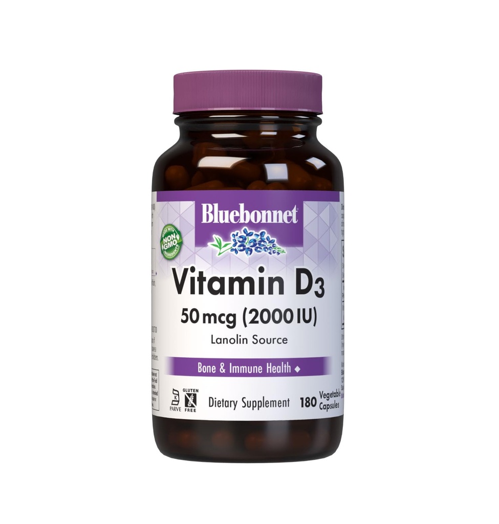 Bluebonnet Nutrition Vitamine D3 2000 UI Capsule végétale, Aide à la croissance musculaire et squelettique, Cholecalciferol de Lanoline, D3, Non OGM, Sans gluten, Sans soja, Sans lait, Casher, 180 Capsule végétale
