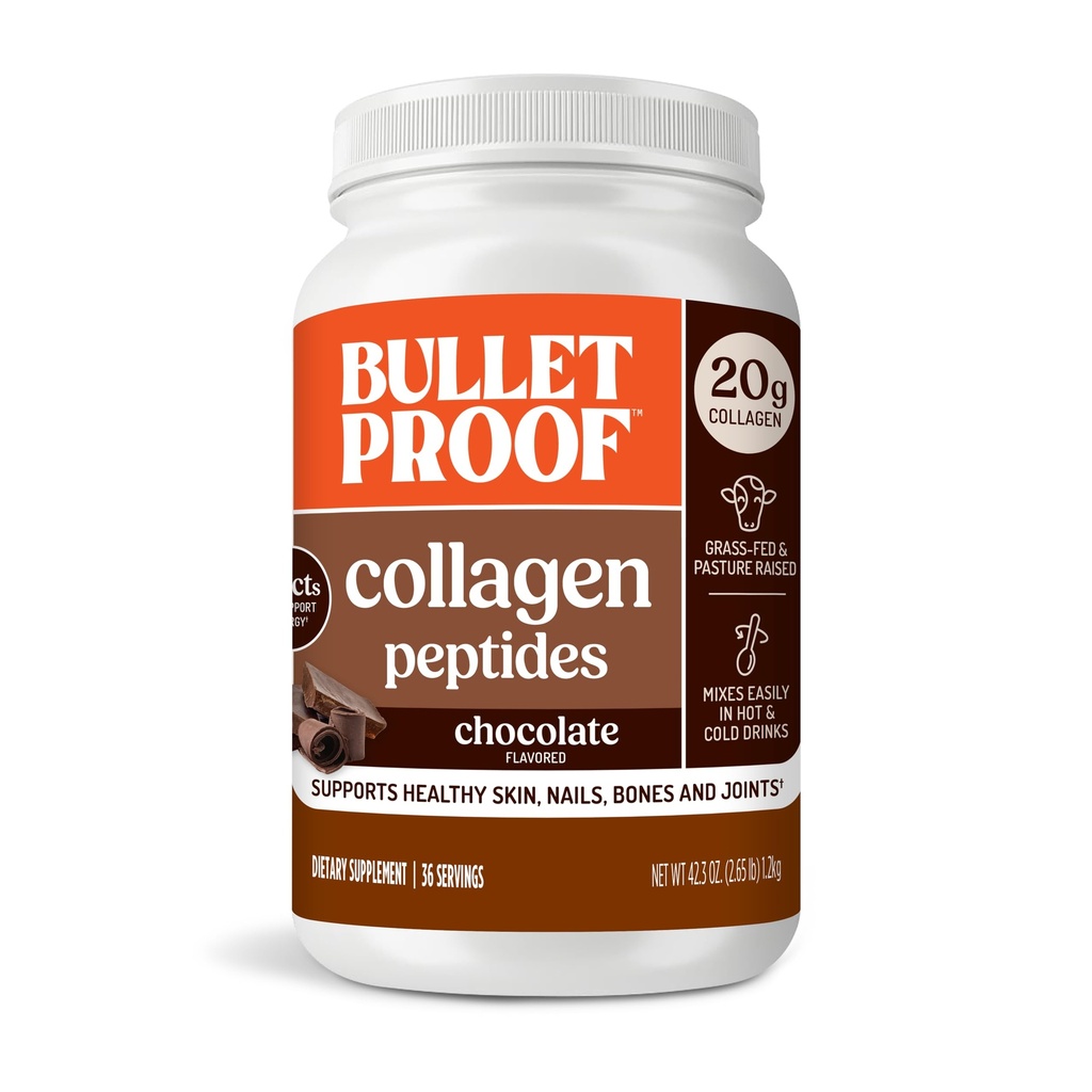 Kogelvrij Chocolate Collageen Proteïne Poeder met MCT olie, 19g Proteïne, 42,3 Oz, Waarde grootte, Collageen Peptiden en Aminozuren voor gezonde huid, botten en gewrichten