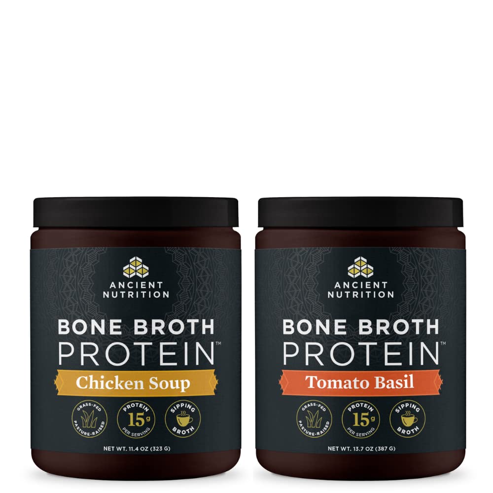 Oude voeding Bone Proteïnepoeder, Kippensoep, 15 porties + Bone Broth Proteïne Poeder, Tomato Basil, 15 porties