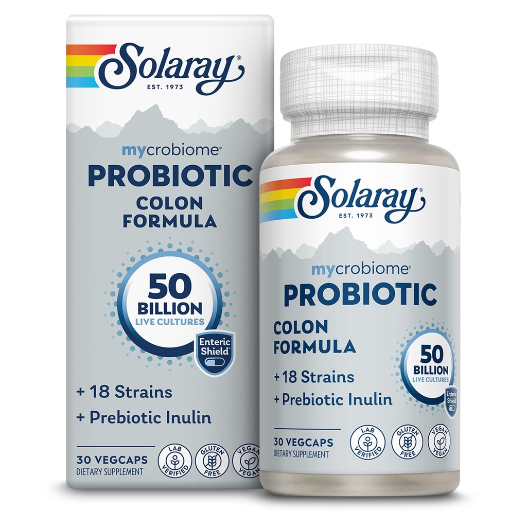 SOLARAY Mycrobiome Probiotic Colon Formula, Vegan, Digestive Function, Colon Health, en Immune System Support, 50 miljard CFU, 18 strepen, Prebiotic Inulin, 60 dagen garantie, 30 porties, 30 VegCaps