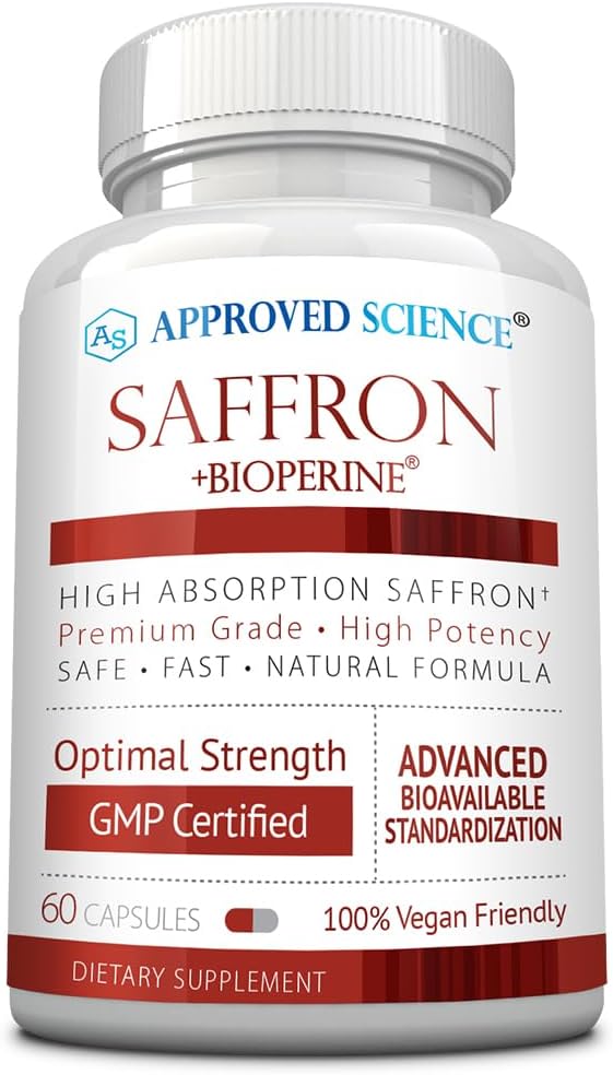 Goedgekeurde Science® Saffron Gestandaardiseerd tot 3% Crocin, 2% Safranal - High-Absorptie BioPerine - Vegan, 60 Capsules - Verpakking van 1