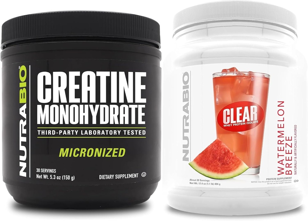 NutraBio Creatine Monohydraat, Unflavored, (150 g) en Clear Whey Protein Isolaat, (Watermelon Breeze) Supplement Bundle 