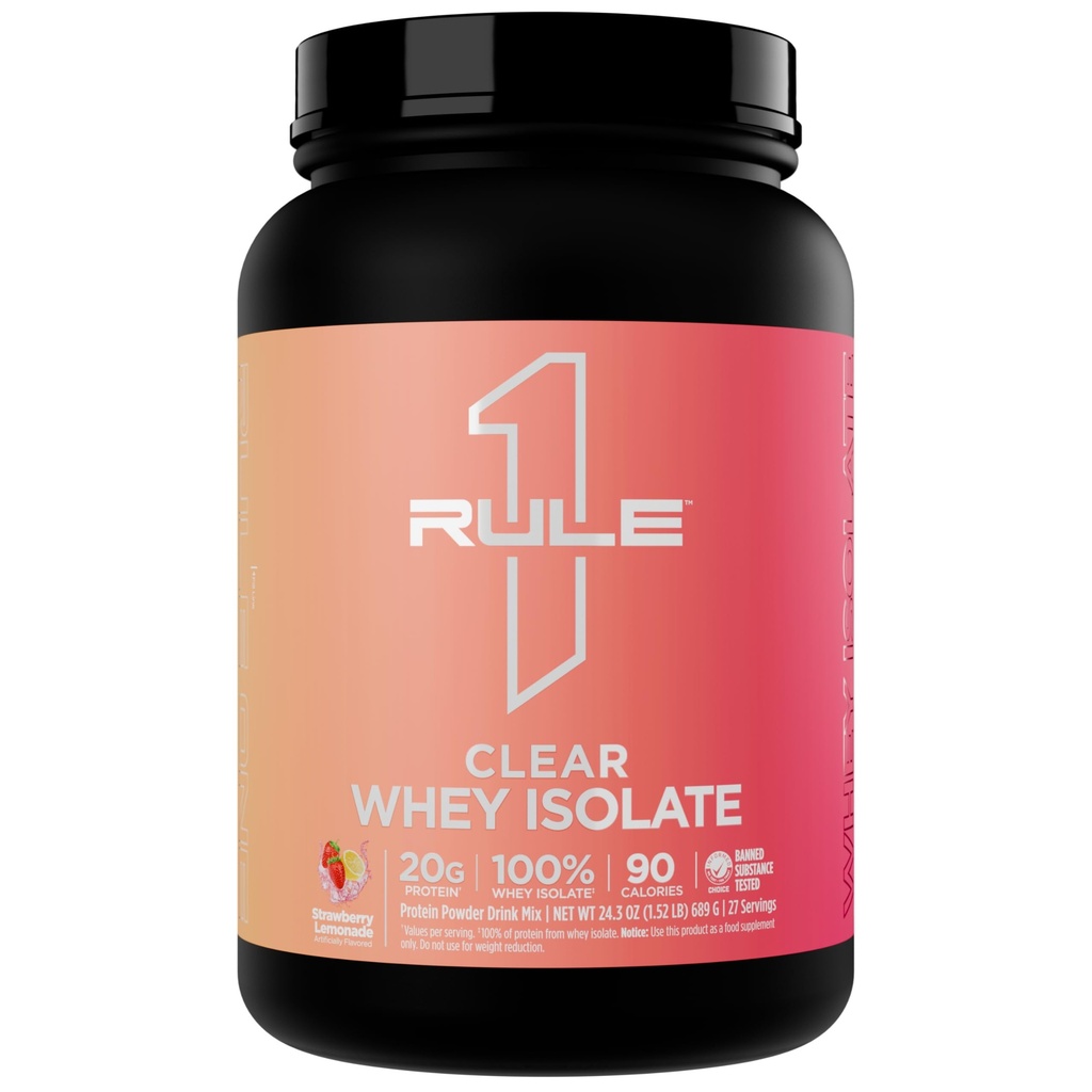 Règle 1 Isolation claire de lactosérum - 20g Protéines isolées tout-whey, plus de 9g d'AAE, 300mg de minéraux électrolytes, 90calories, léger, croustillant et goût rafraîchissant (27 portions, citronnade de fraise)