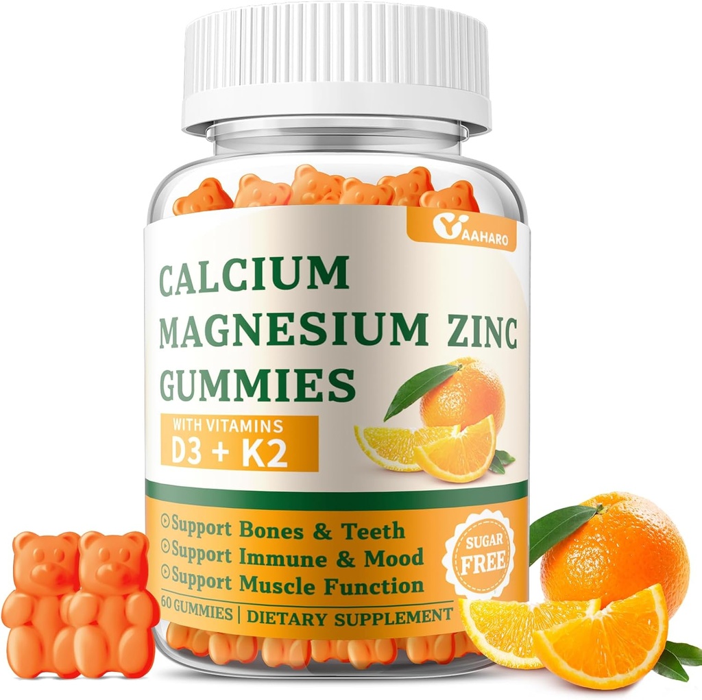Calcium Magnesium Zink Gummies with Vitamine D3 & K2 - Suikervrije Calcium Gummies for Women and Men - Bone & Immune Support - Non-GMO, Glutenvrije, Orange Flavored - 60 Gummies