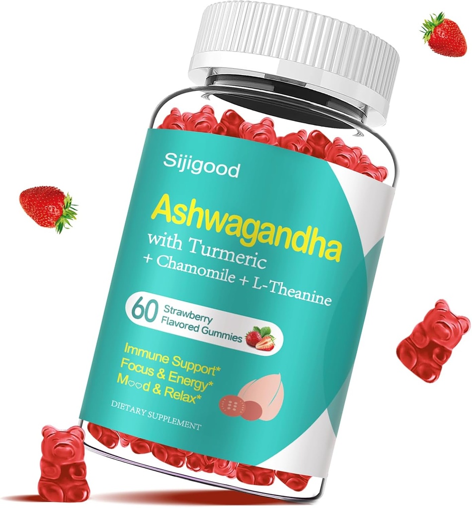 Ashwagandha Gummies met L-theanine, Ashwa Root Supplement Gummy voor vrouwen Mannen, 60 Aardbei Flavored Gummies