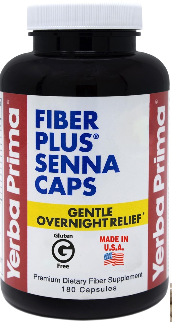 Yerba Prima Fiber Plus Senna Capsules, 180 Graaf - Gentle Overnight Relief, USA Made, Non-GMO, Glutenvrij