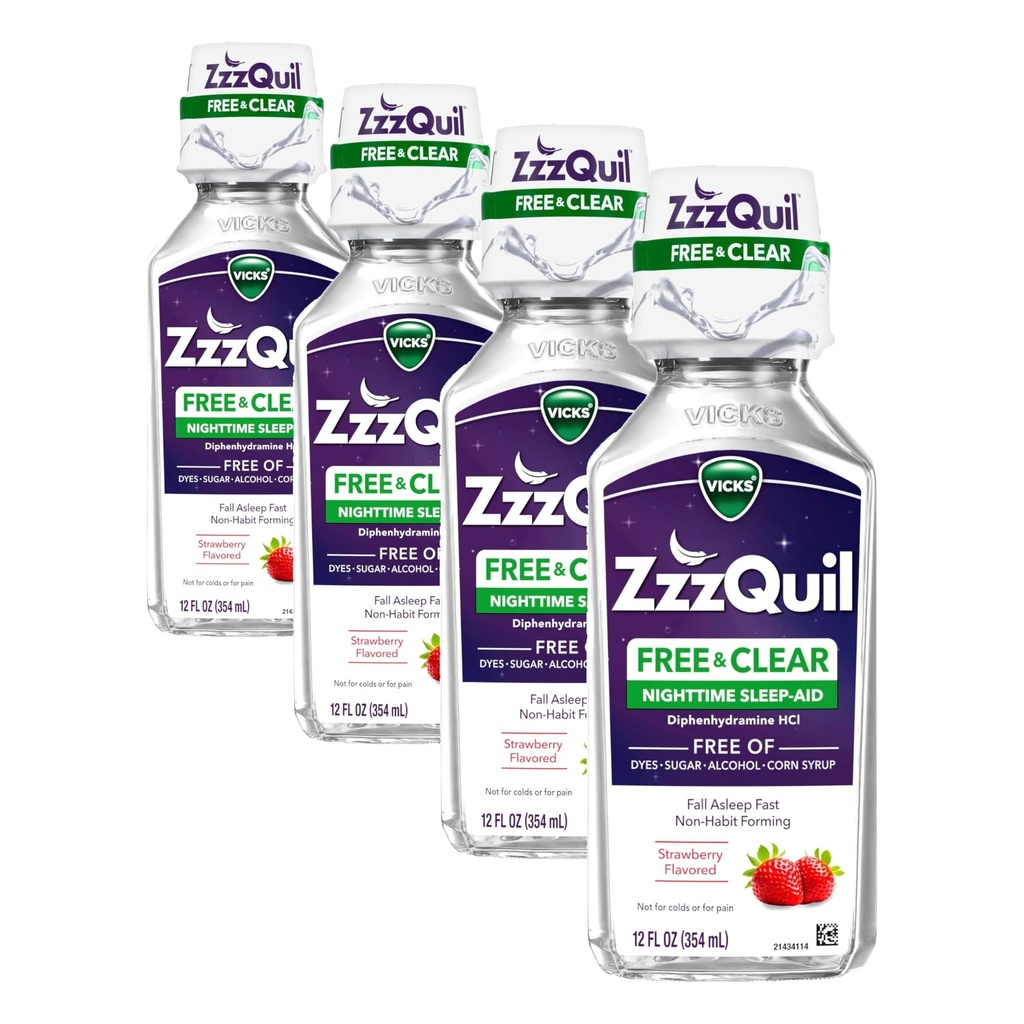 ZzzQuil, Nacht slaaphulp vloeistof, gratis van alcohol en kunstmatige kleurstoffen, 50 mg difenhydramine HCl, No1 slaaphulp merk, vallen slapen snel, non-habit vormen, verzachtende Berry smaak, 12 FL OZ (verpakking van 4)
