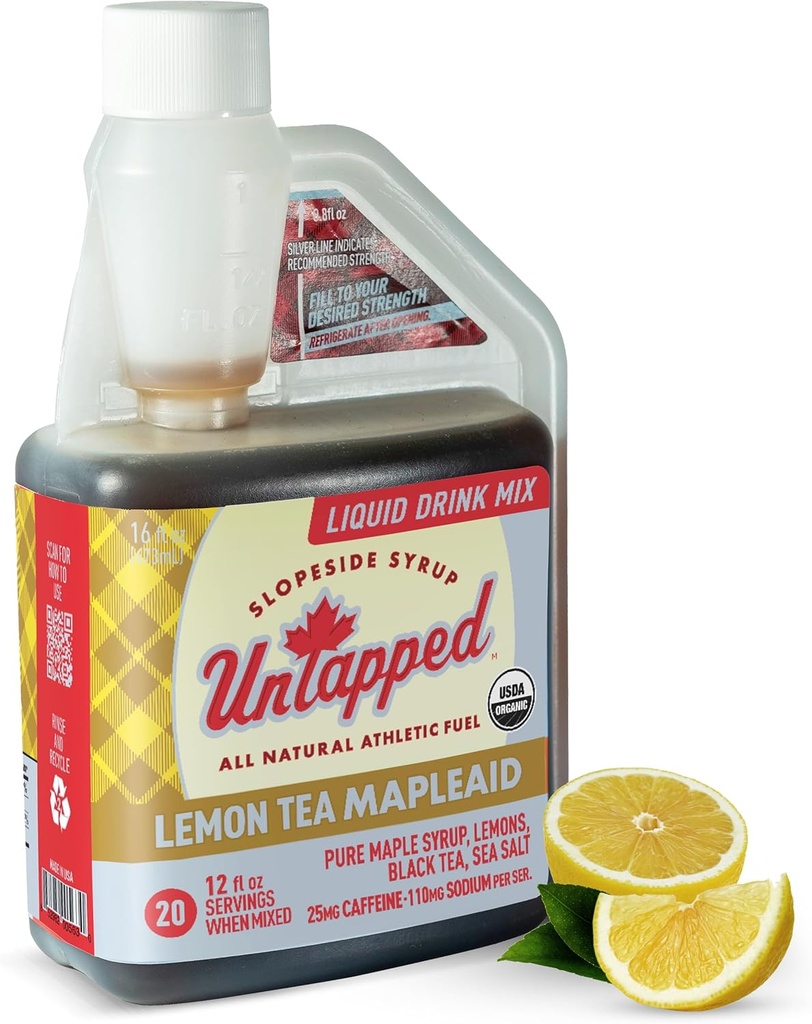 Thé au citron inexploité Mapleaid - 20 portions 16 fl oz bouteille en vrac Sirop d'érable biologique, jus de citron et thé noir Carburant énergisant Electrolytes & caféine naturellement alimenté par Pure Vermont Maple