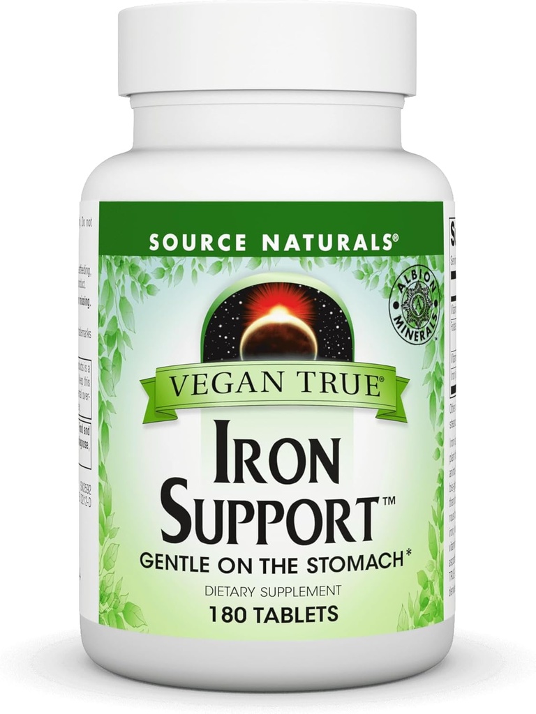 Source Naturals Vegan True Iron Support, doux sur l'estomac et chélaté pour une absorption accrue* - 180 comprimés