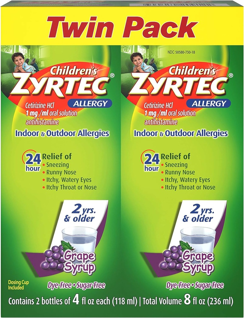 Zyrtec 24 Hr Kinderallergie Siroop met Cetirizine, Sugar-Free Grape, Twin Pack van 4 fl. oz