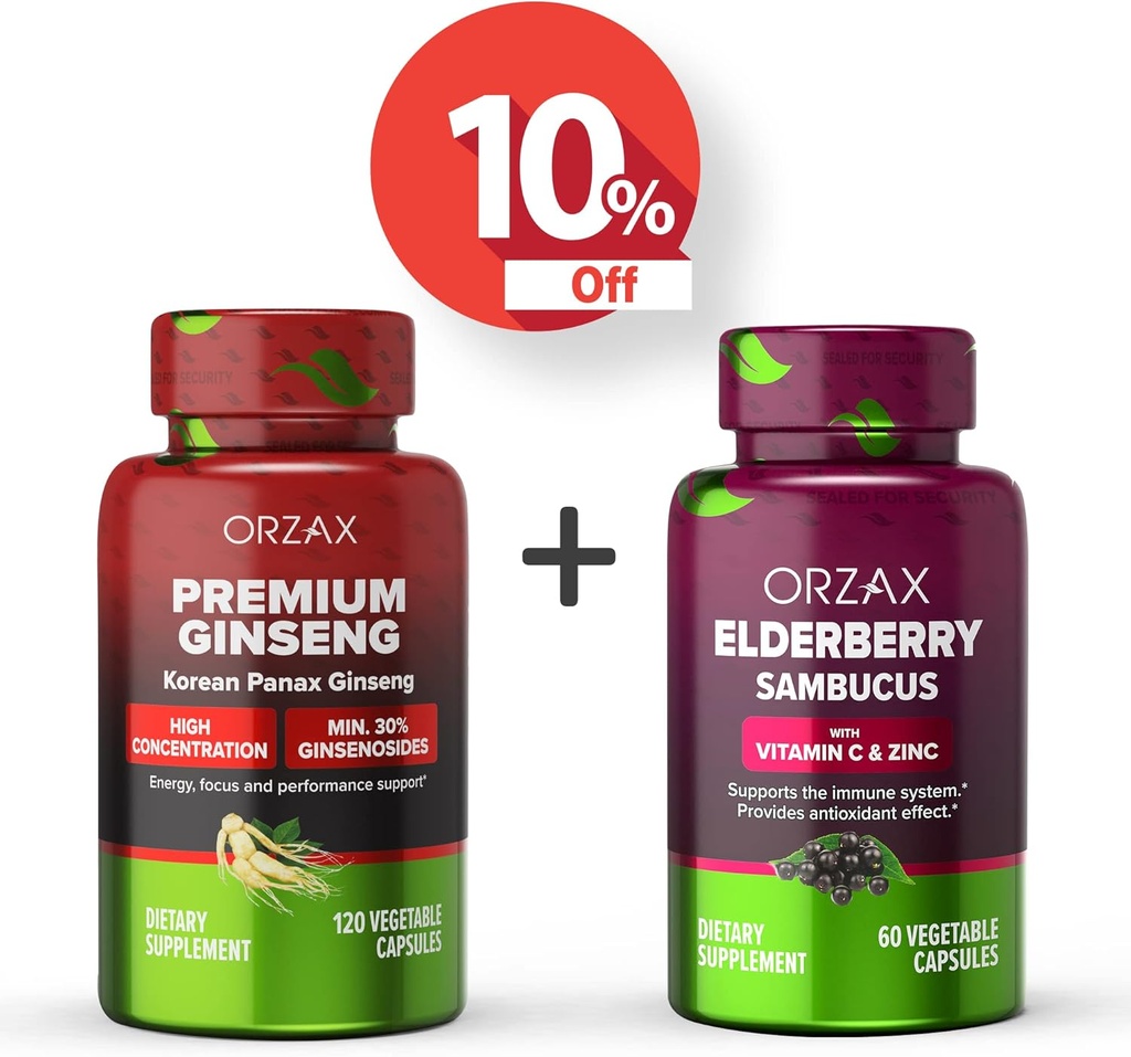 ORZAX Ginseng, 30% Ginsénosides, Premium 120 Capsules végétales et Elderberry Capsules, 2000mg 60 Capsules végétales, ensemble