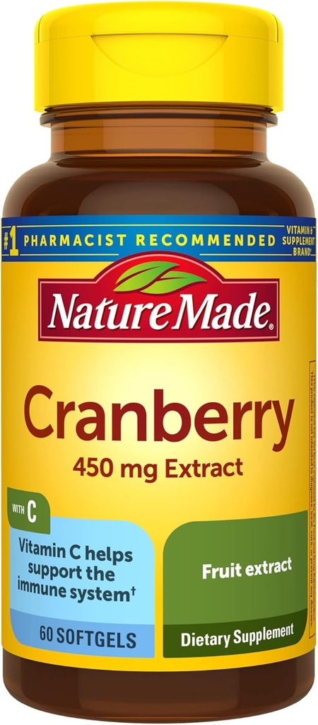 Nature Made Cranberry met vitamine C, Dieetsupplement voor Immune en Antioxidant Ondersteuning, 60 Softgels, 30 dagen levering