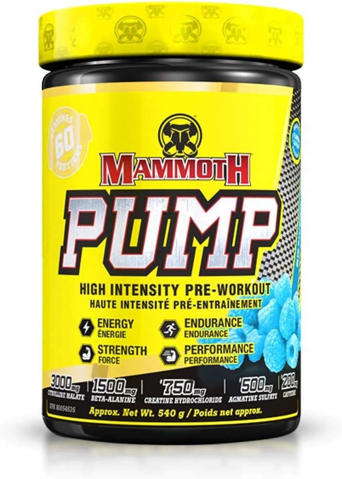 PUMP MAMMOTH – Poudre de pré-entraînement, Pompes musculaires supérieures, Augmenter la résistance et l'endurance, Supplément de puissance et d'énergie explosives, Accent augmenté, Récupération rapide, Douleur réduite (60 portions, Bleu