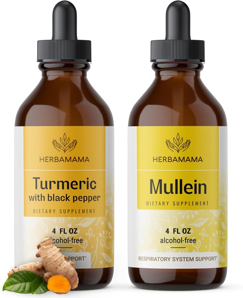 HERBAMAMA Liquid Drops Kit - Bundle of Turmeric Curcumin Extract & Mullein Leaf Tinctuur - Vegan, Non-GMO, Sugar & Alcohol-Free - 2 Pack