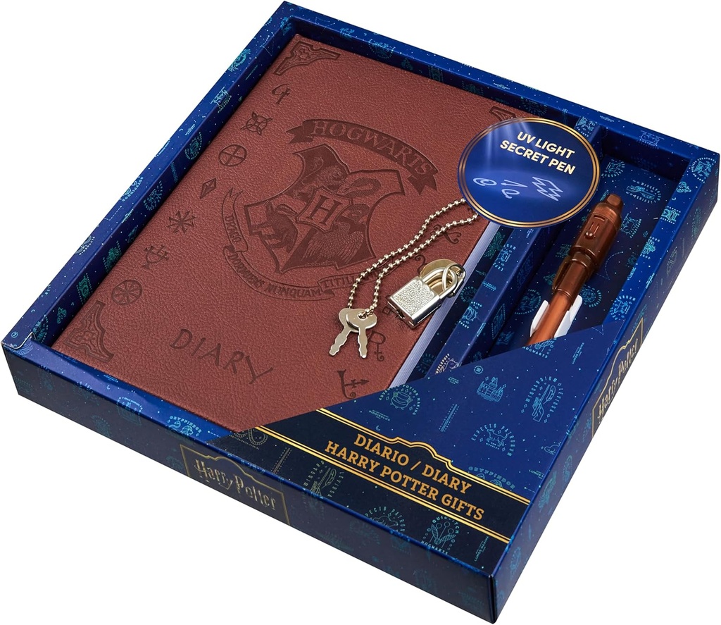 Harry Potter Journal verrouillable avec stylo encre invisible UV pour enfants, adolescents, journal secret avec clé, pages doublées, fournitures de papeterie, cadeaux pour enfants (stylo UV brun)