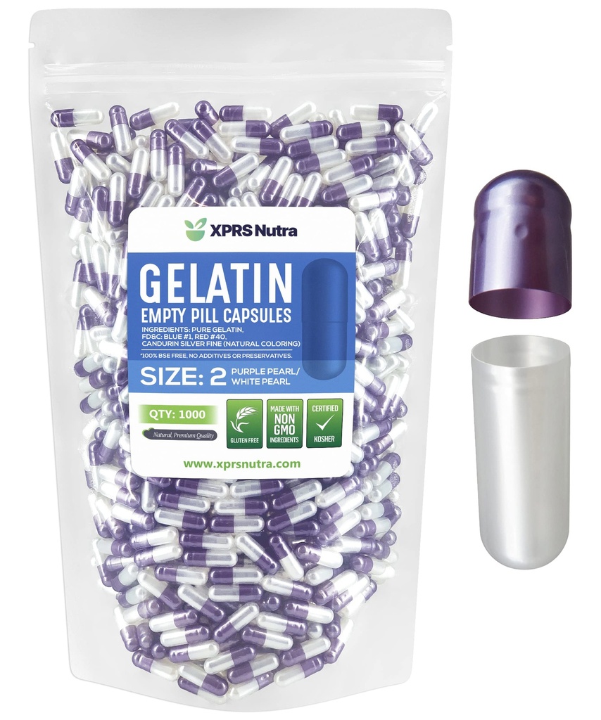 XPRS Nutra Taille 2 Capsules vides - 1000 Compte Capsules de gélatine vides - Pills Bricolage Capsule Remplissage - Pure Pill Gel Caps pour Do-It-Youlf Suppléments (Pearl Purple/White)
