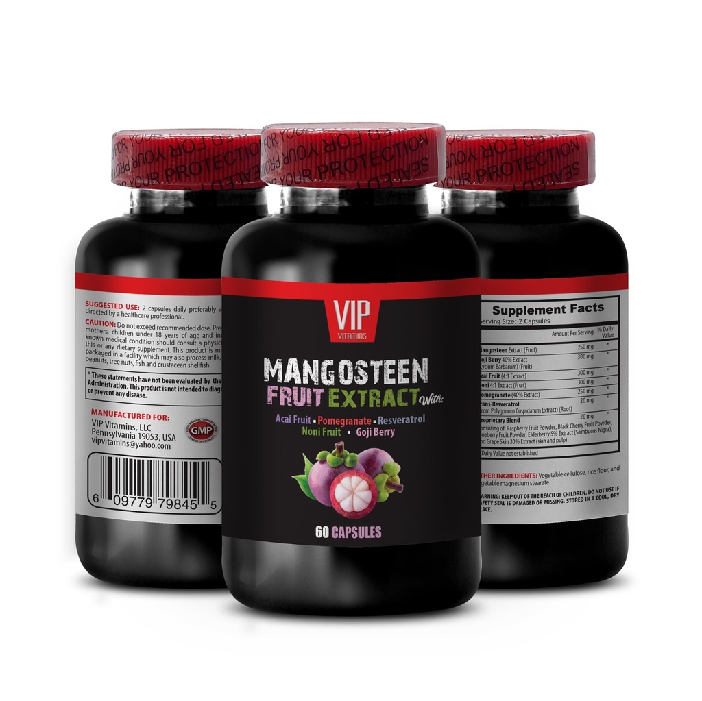 VIP VITAMINS Mangosteen, Mangosteen Extract - Mangosteen Fruitextract - Acai Berry, Goji Berry, Granaatappel, Noni, Trans-Resveratrol, Vlierbessenvrucht, druivenhuid - 1 fles 60 capsules
