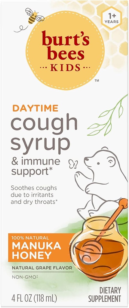 Burt's Bijen Kids Daytime Cough Siroop en Immune Support, Natuurlijke druivensmaak, Dieetsupplement, 4 Fl Oz