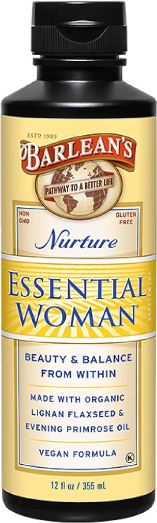 Barlean's Essential Woman Liquid Supplement for Women, Bio Flaxseed and Evening Primrose Oil for Healthy Hair, Nails and Skin, Oméga 3 6 9 et GLA, 12 oz