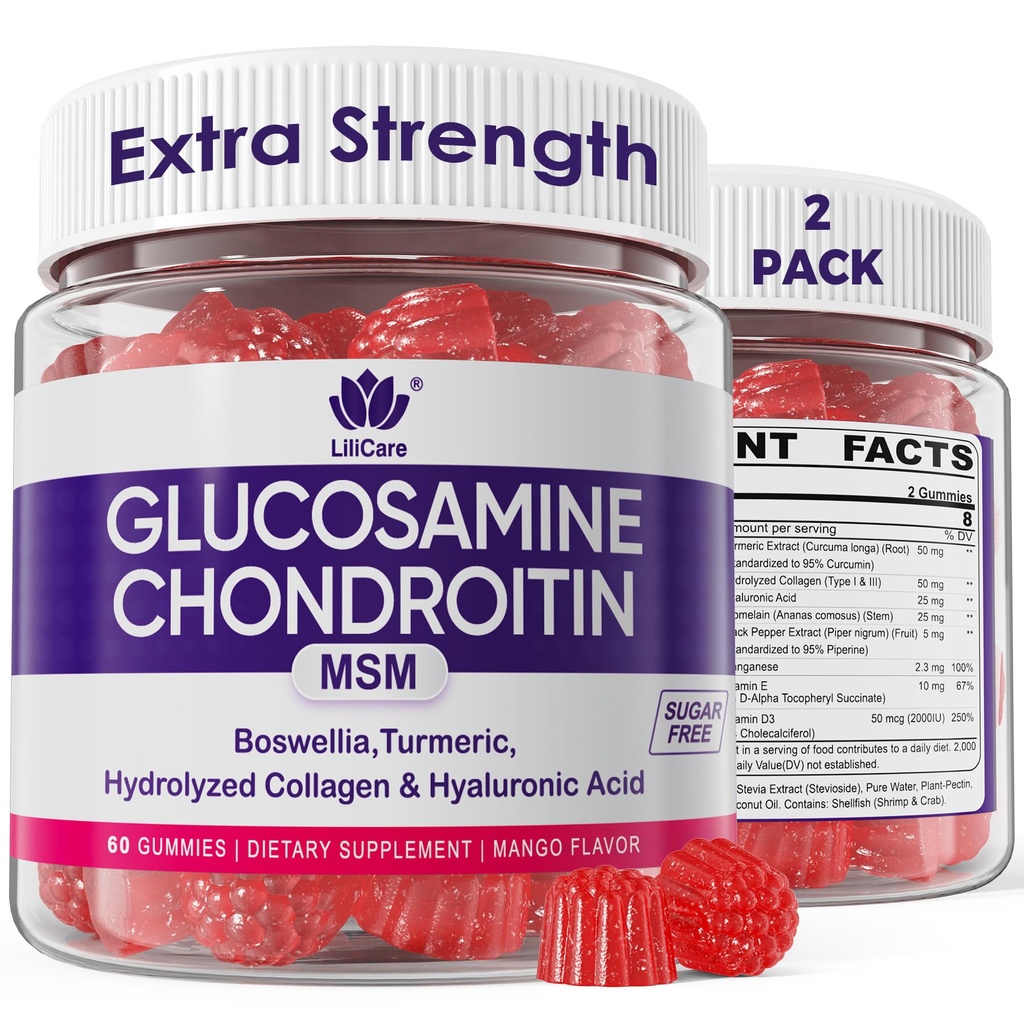 Glucosamine Chondritine Gommies, Supplément sans sucre Glucosamine Chondritine MSM, Extra Force avec Boswellia Turmeric, Collagène hydrolysé et acide hyaluronique, Bone Health pour les hommes et les femmes, 120 Cts