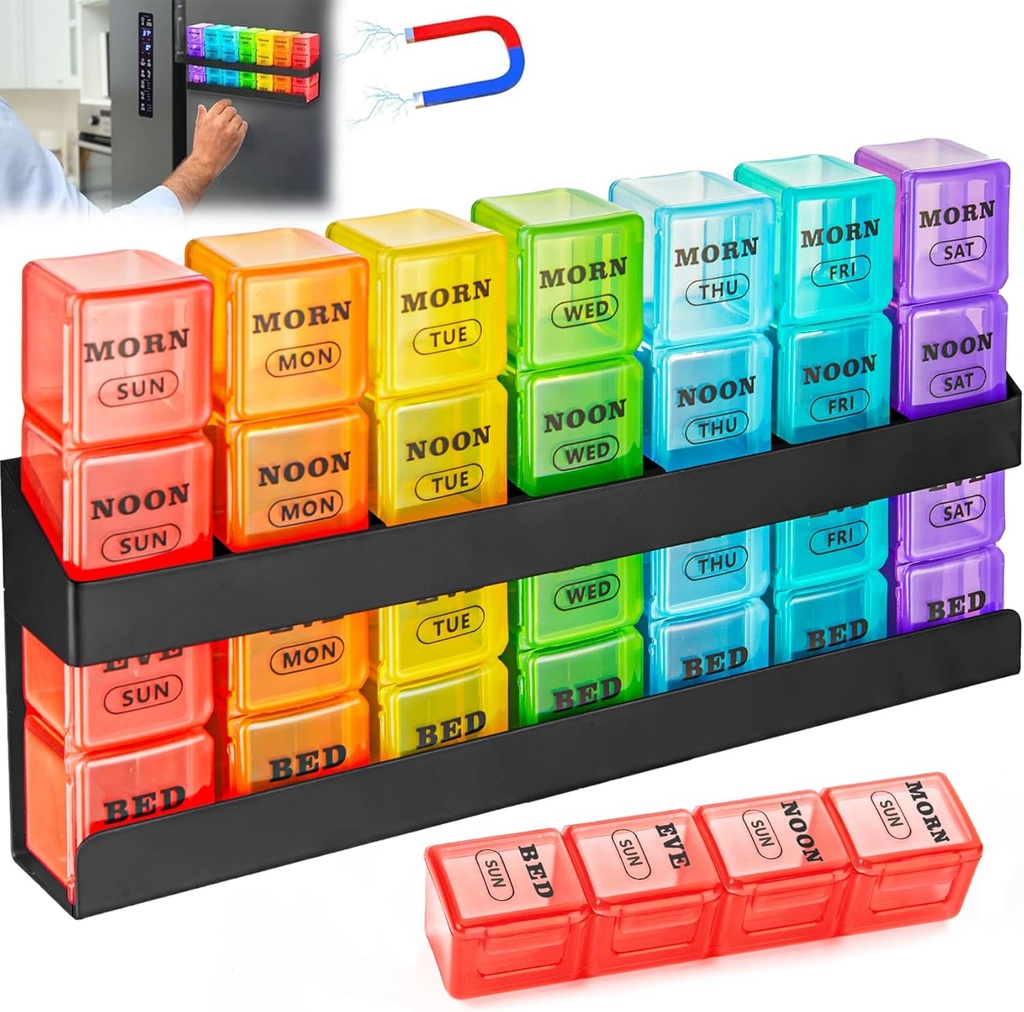 Organisateur de pilules 4 fois par jour : Boîte à pilules hebdomadaire 7 jours avec plateau magnétique - Grand compartiments Cas de pilules - Distributeur de médicaments amovibles Organisateur pour les huiles de poisson Supplément de vitamines (Rainbow)