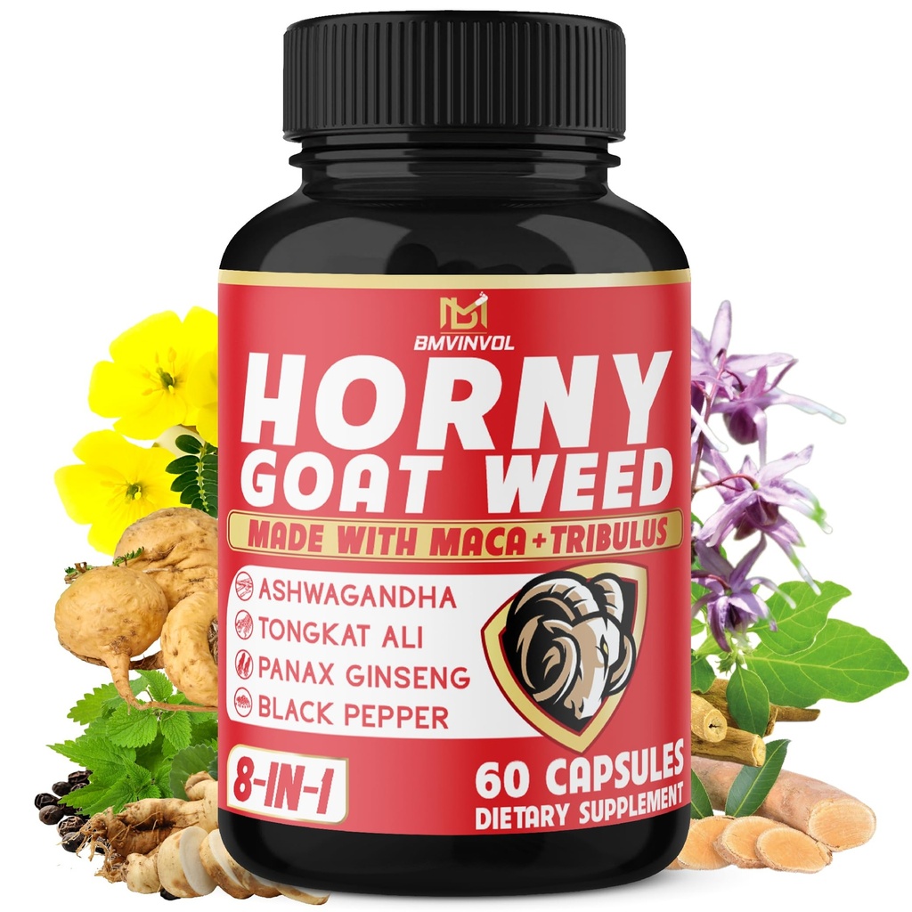 BMVINVOL Capsules d'herbes horny de chèvre avec Tribulus, Ginseng, Ashwagandha, Maca, Tongkat Ali, Nettle, Poivre noir - 60 Nombre