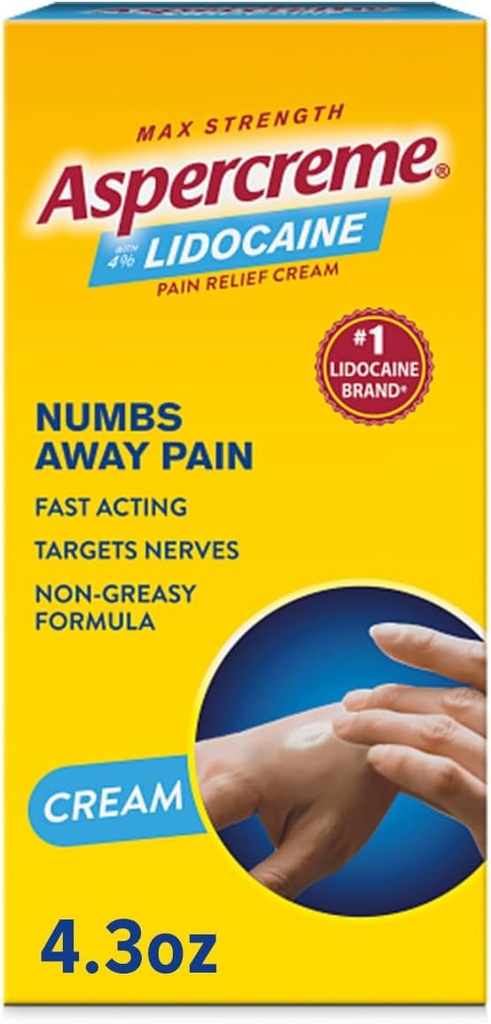Aspercreme Lidocaine Pain Relief Cream kalmeert opgezwollen zenuwen, Numbing Topical Analgetic met Max-Strength 4% Lidocaine & Moisturizing Aloë, 4.3 Oz.
