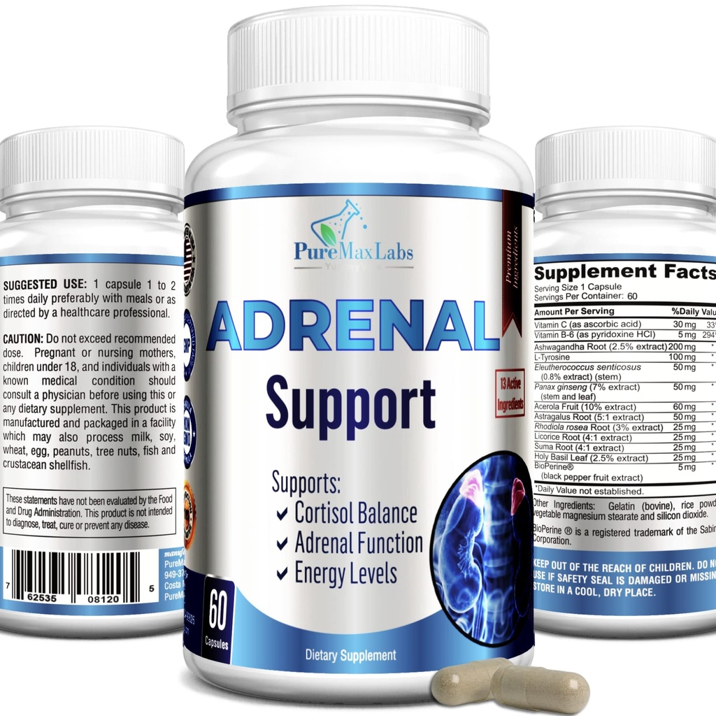 Soutien surrénal, Cortisol Manager, santé surrénale, maintenir des niveaux équilibrés de cortisol, supplément de soulagement du stress avec Ashwagandha, L-Tyrosine - 60 capsules