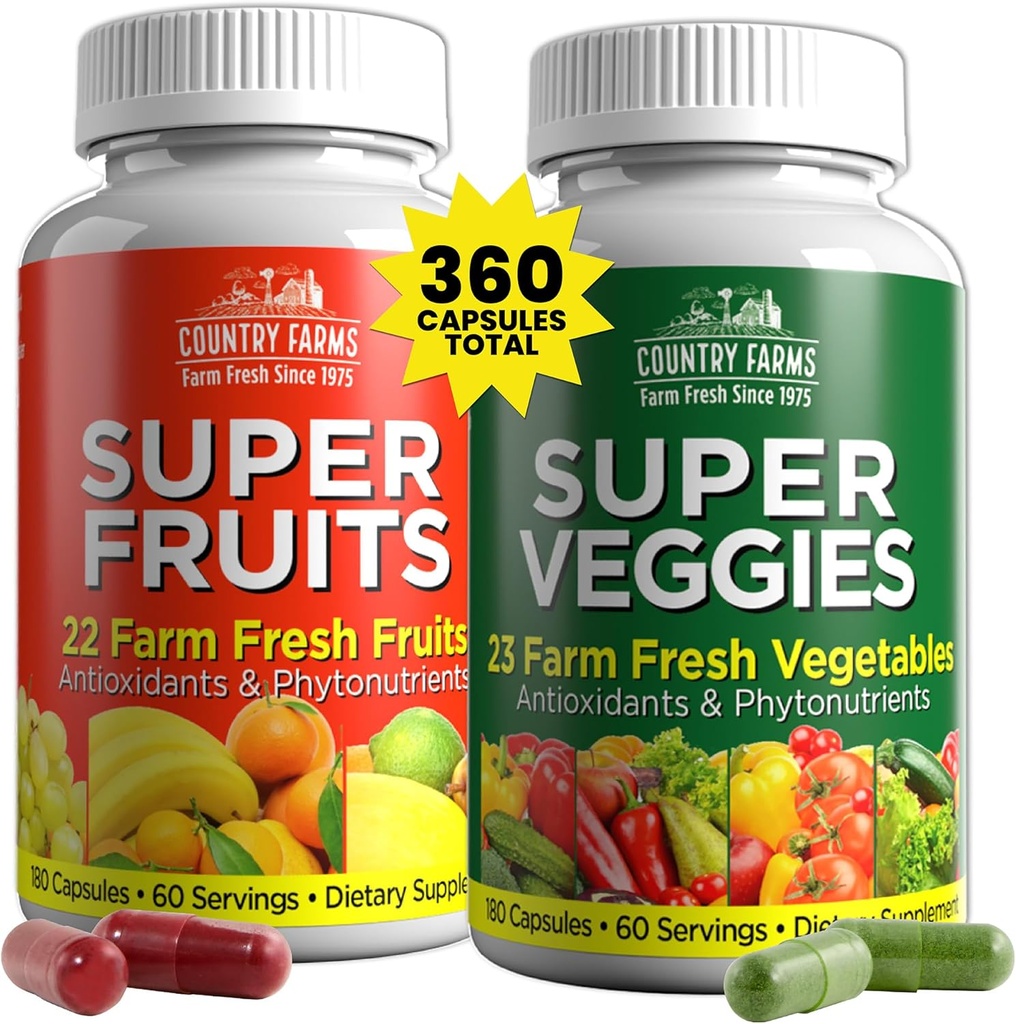 Farms de campagne Supplément Fruits et Légumes, 180 Fruits et 180 Capsules de légumes, Verts et Rouges emballés avec des superaliments, puissants antioxydants, 60 portions