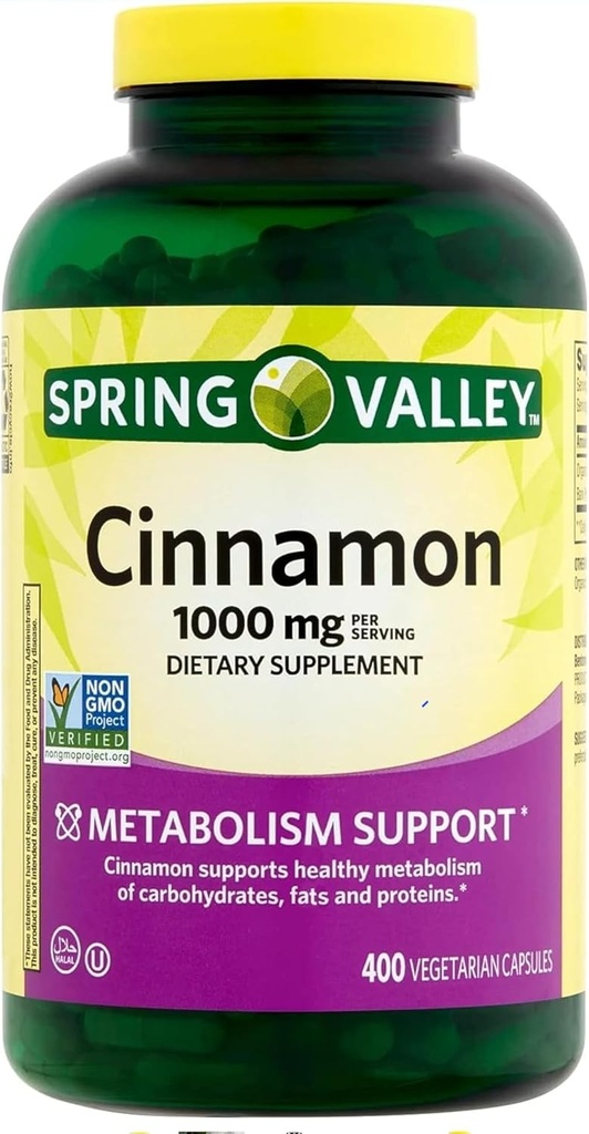 Spring Valley Cinnamon Supplement 1000mg, 400 Vegetarian Capsules, Bevat Cassia, Niet Ceylon. Kruidensupplement voor General Wellness. Luall