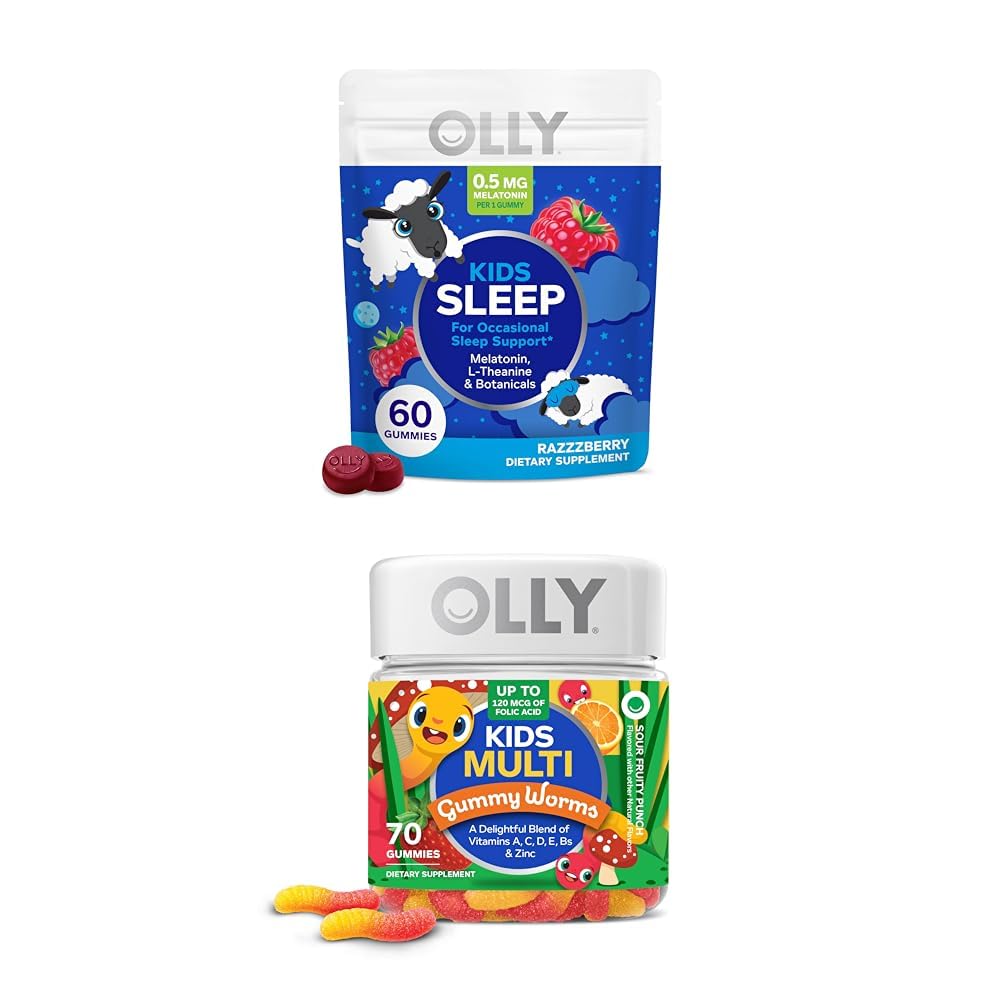 OLLY Kids Slaap Gummy, Melatonine, L Theanine, Kamille, 60 Graaf en kinderen Multivitamine Gummy Worms, Vitaminen A C D E Bs Zink, 70 Tellen